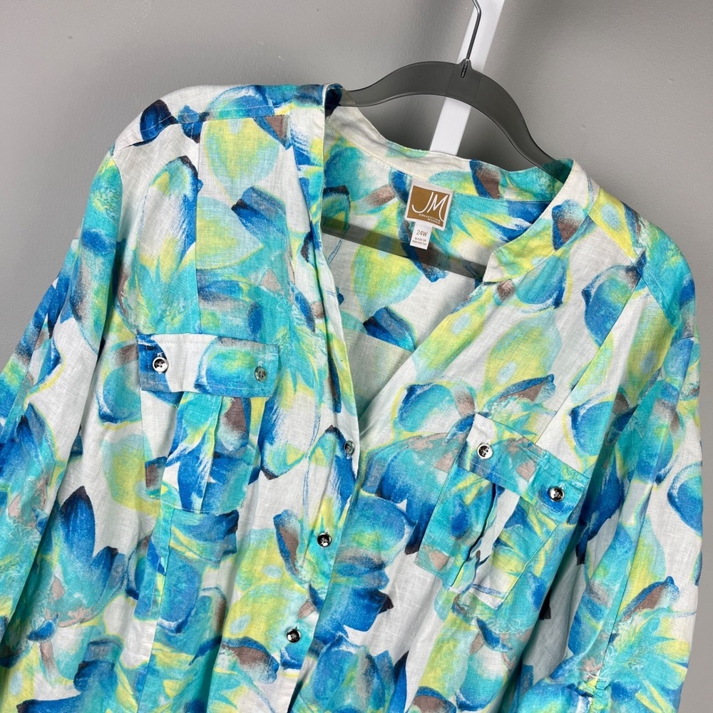 JM Collection Linen Shirt Top Womens 24W Blue Yellow Coastal Chic Button Up